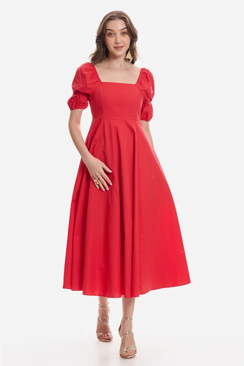 Aylina|100% Cotton Square Neck Midi Dress