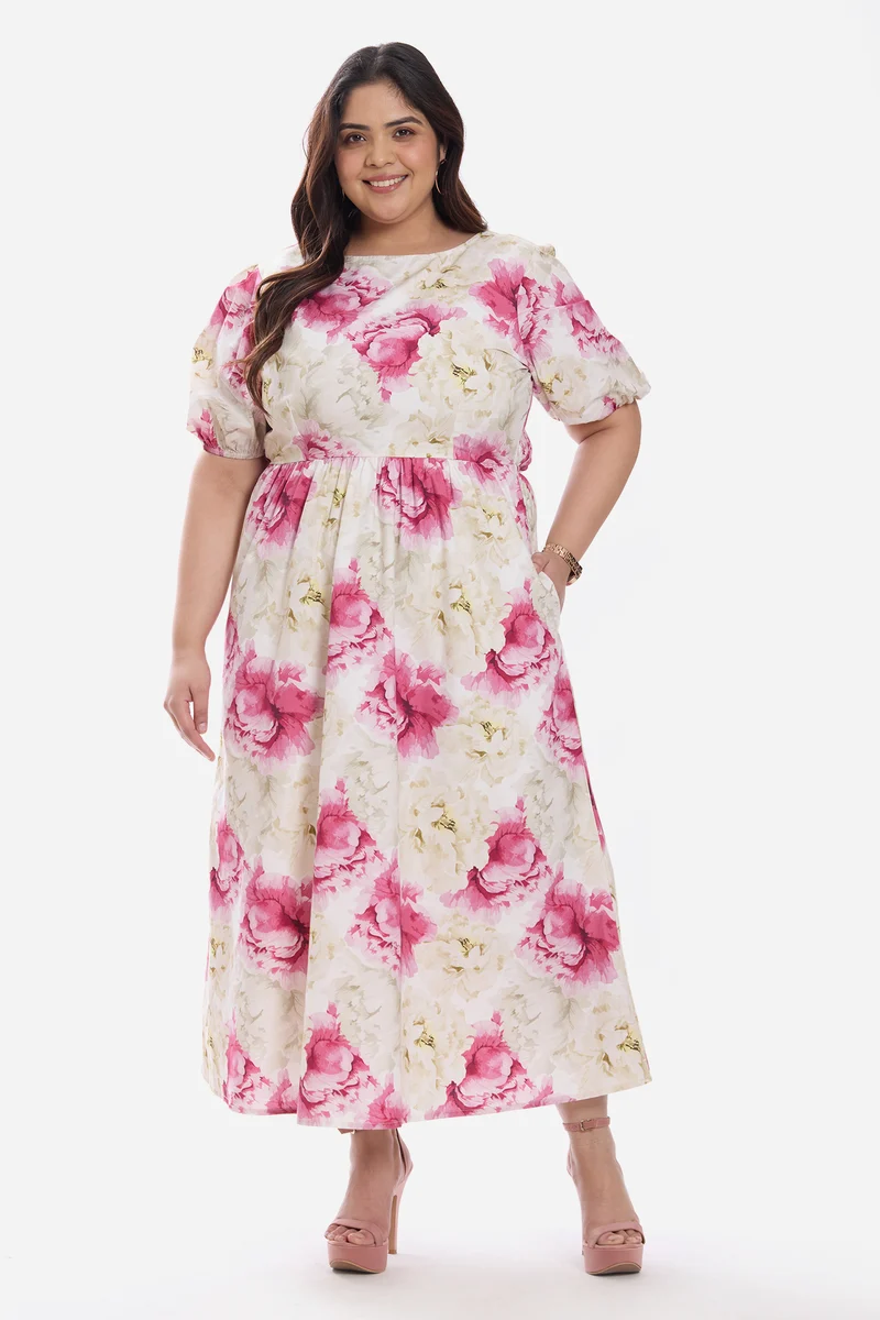 Arlyna|Cotton Midi Dress With Puff Sleeve