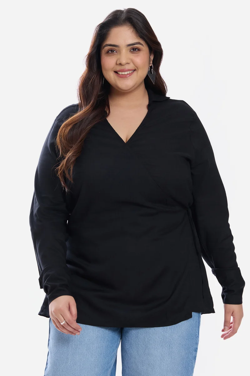 Aziza|Viscose Collared Tie Front Shirt