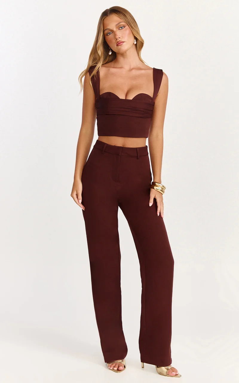 Kenna Two Piece Set - Gathered Bust Top And High Waist Straight Leg Pants Set in Chocolate