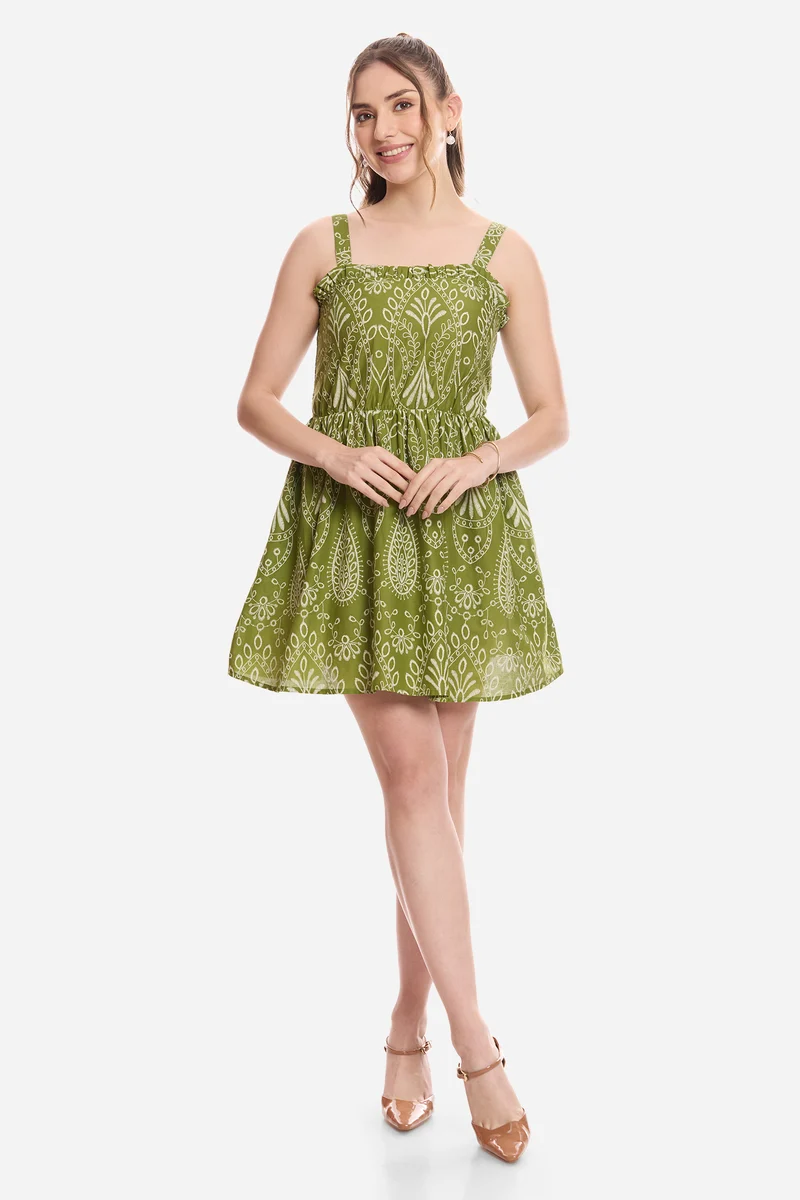 Heral|100% Cotton Schiffli Print Mini Dress