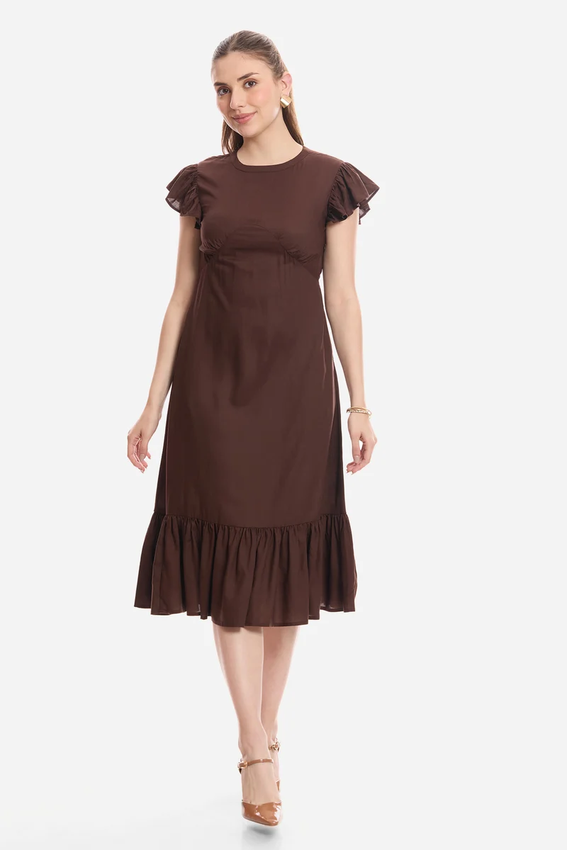 Farine|100% Viscose Flutter Sleeve Midi Dress
