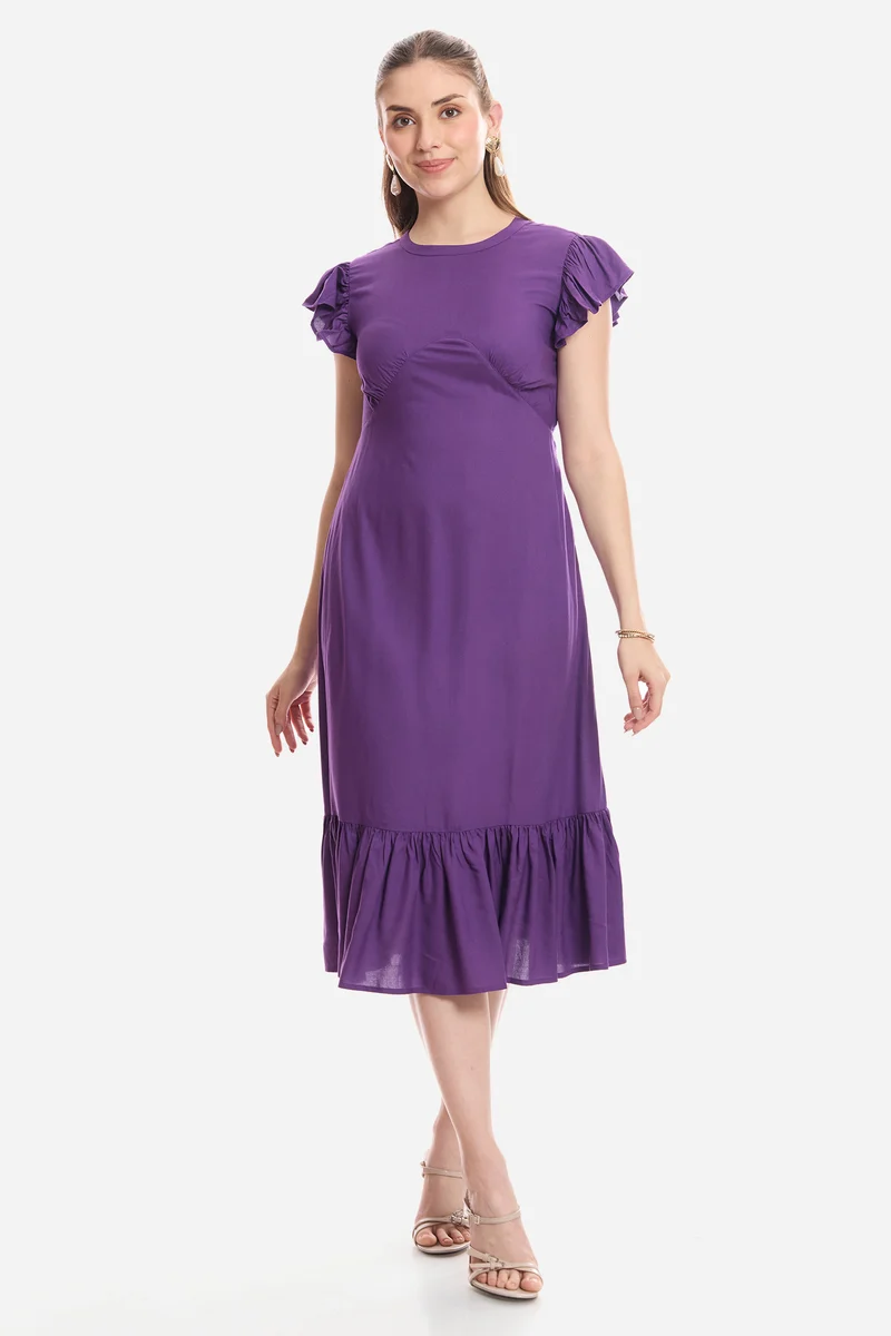 Faira|100% Viscose Flutter Sleeve Midi Dress