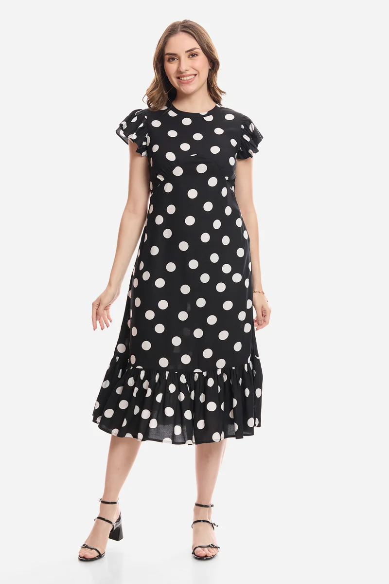 Faela|100% Viscose Flutter Sleeve Midi Dress