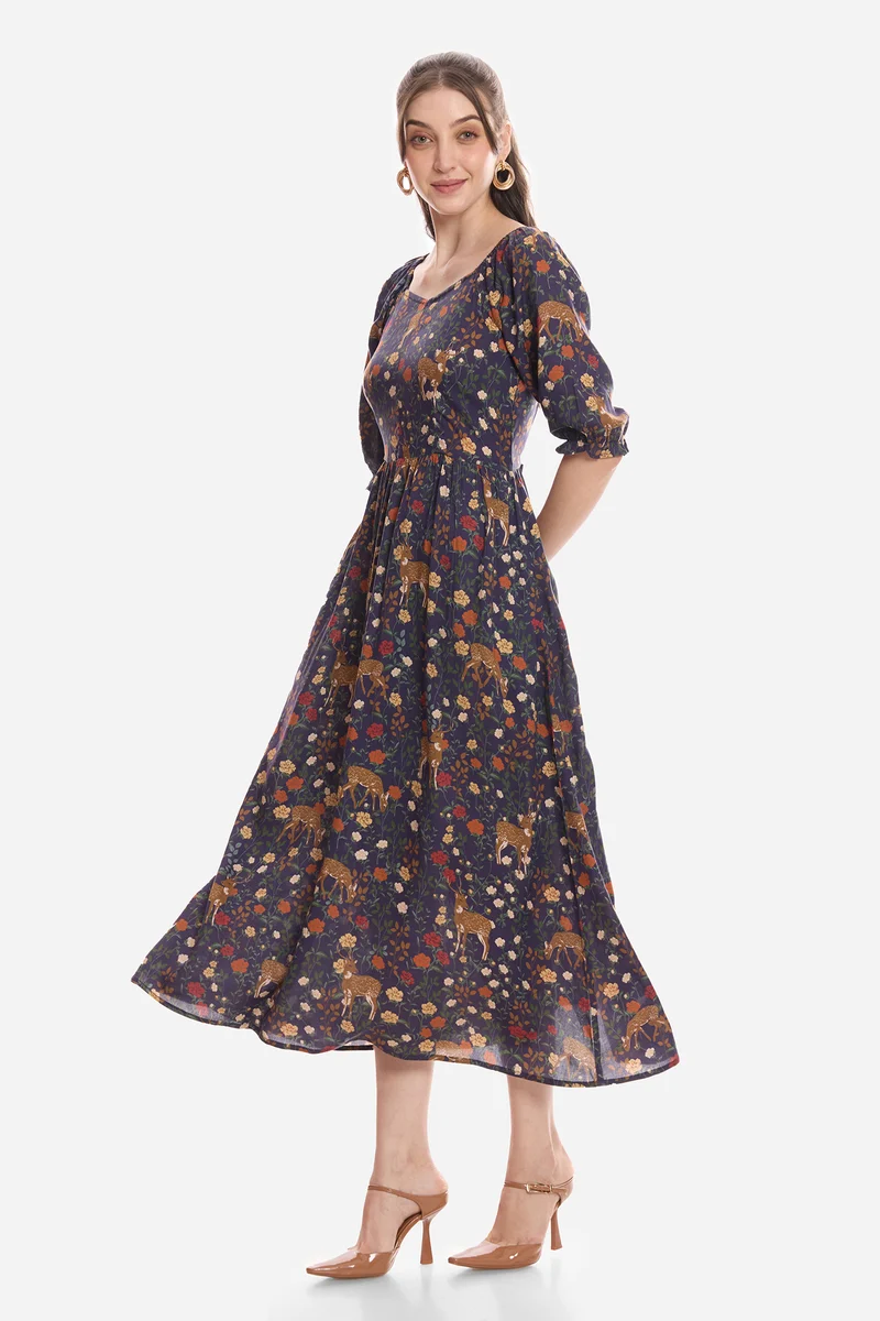 Islaa|100% Viscose Printed Midi Dress