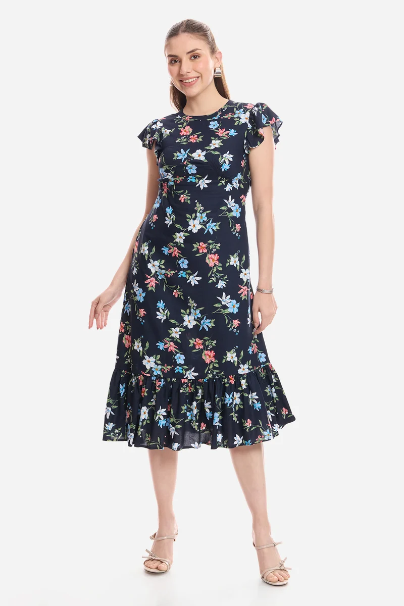 Feena|100% Viscose Flutter Sleeve Midi Dress