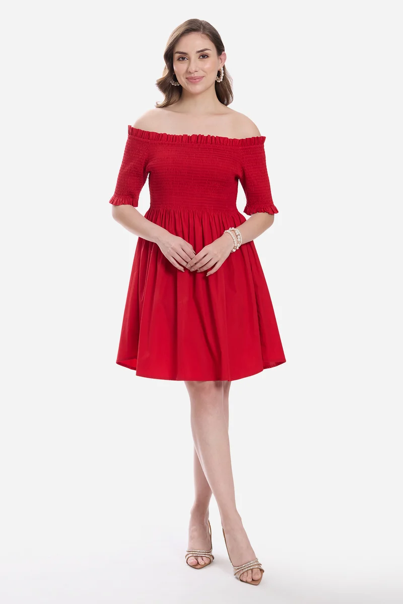 Kivia|100% Cotton Off-Shoulder Mini Dress