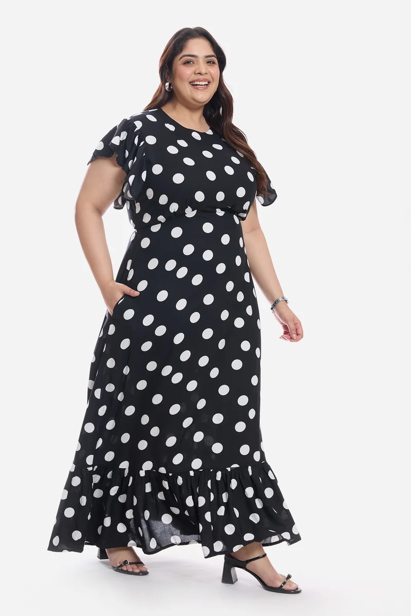 Atiya|Viscose Frill Sleeve Midi Dress