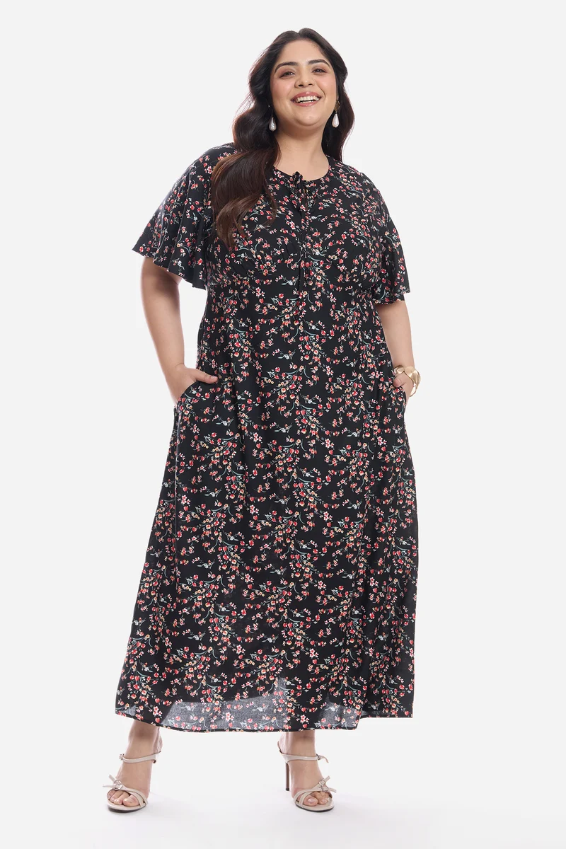 Aruna|Viscose Midi Dress With Flutter Sleeve