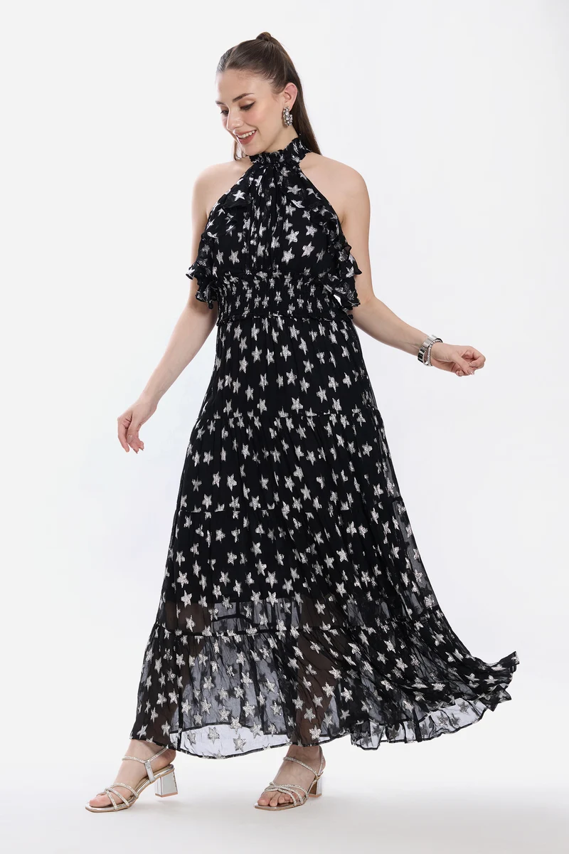 Malis|100% Viscose Halter Neck Ruffle Maxi Dress