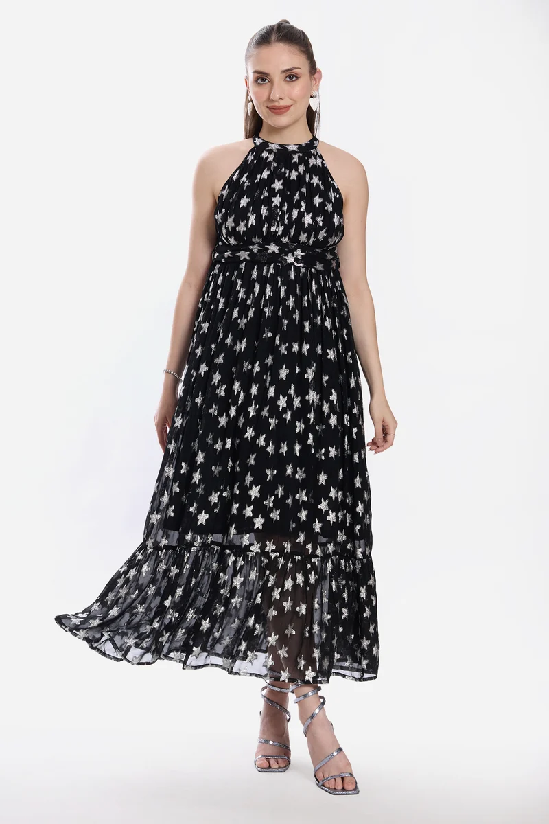 Madel|100% Viscose Halter Neck Tiered Dress