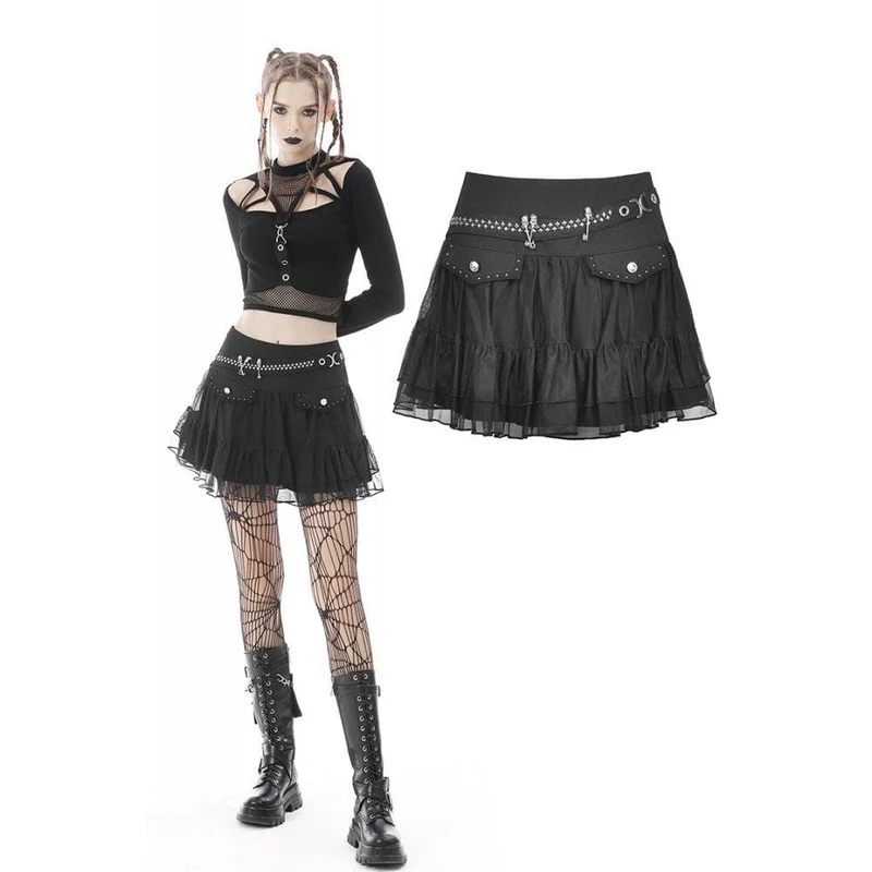 Punk Skull Mesh Splice Falbala-kjol för kvinnor
