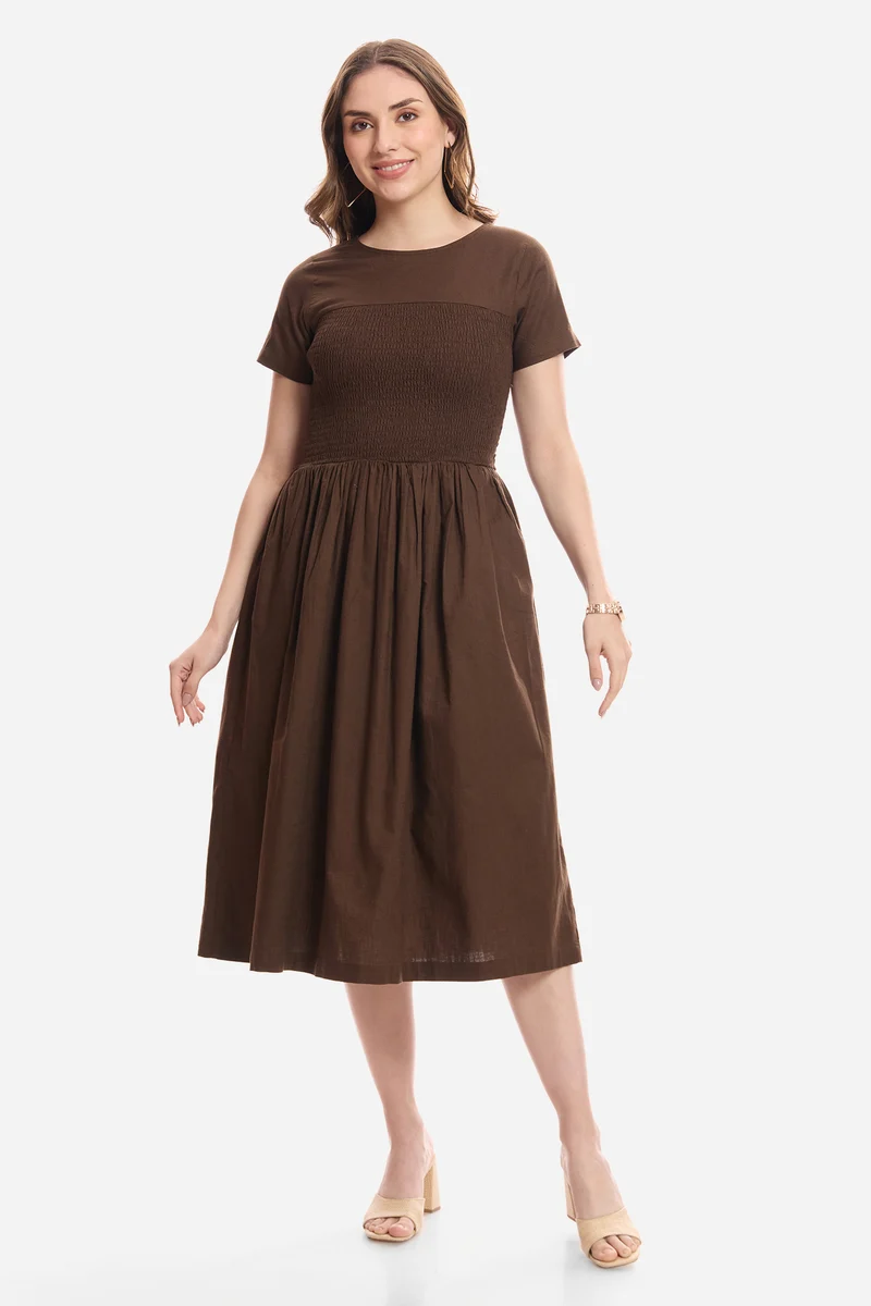 Gulna|100% Cotton Smocked Bodice Midi Dress