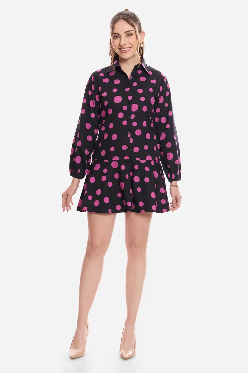 Harni|100% Cotton Polka Tiered Shirt Dress
