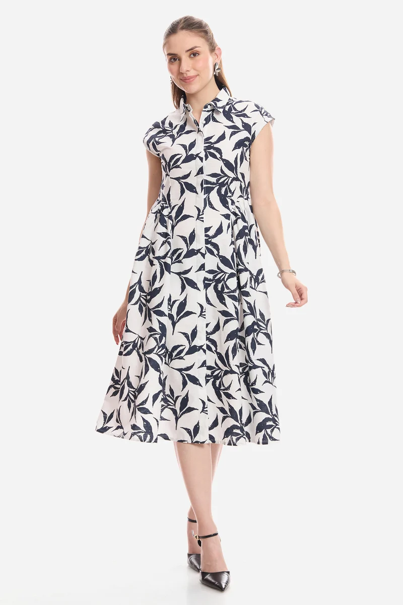 Chela|100% Cotton Gathered Shirt Midi Dress