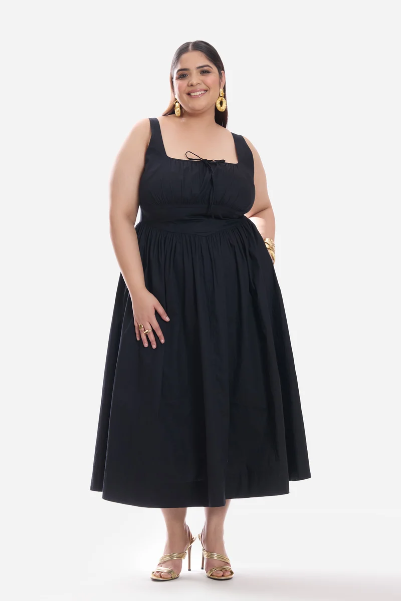 Caeli|Cotton Corset Waist Basque Midi Dress