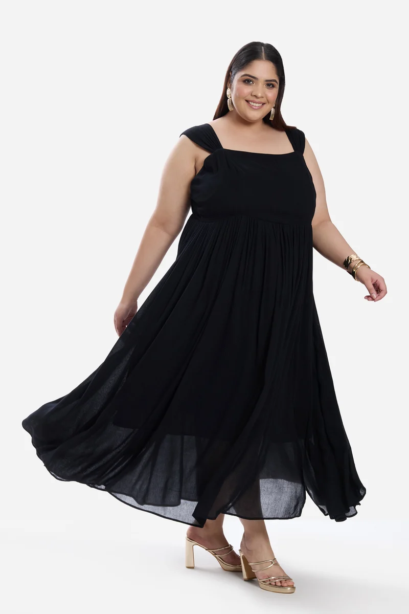 Jilna|Viscose Gathered Strap Midi Layered Dress