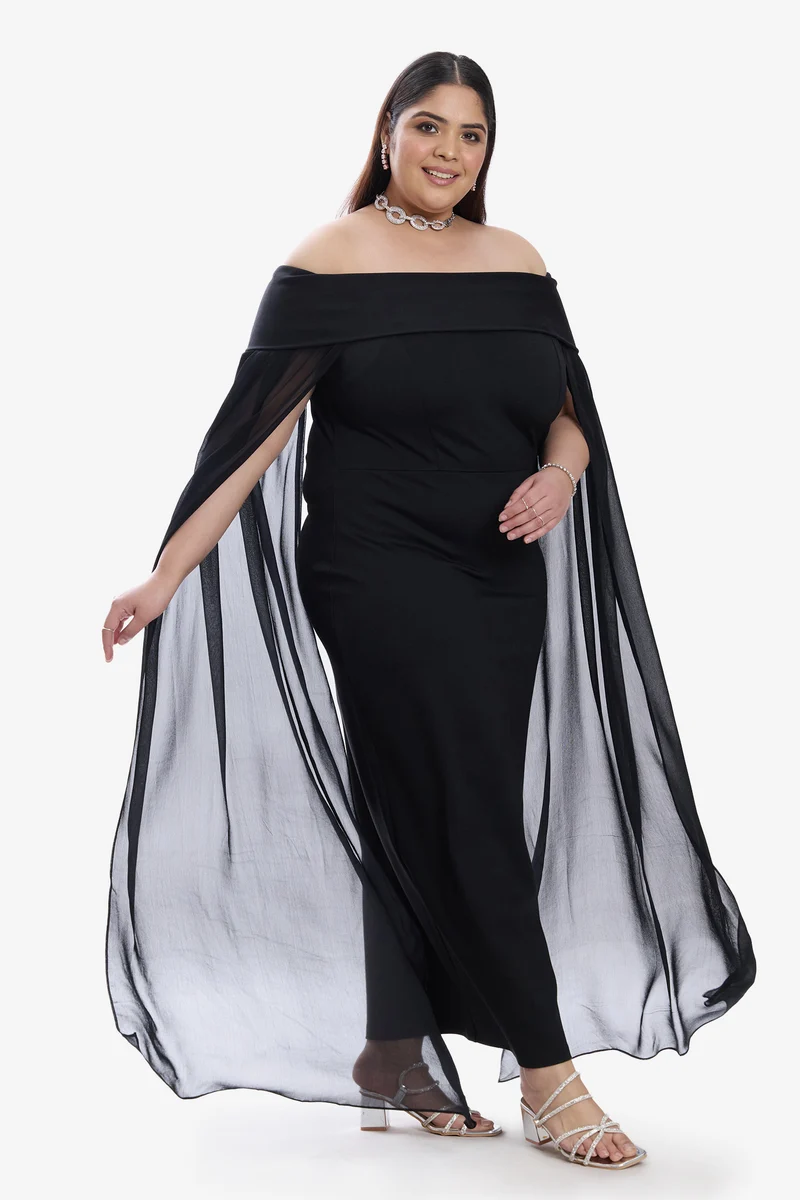 Jeona|Ponte Off Shoulder Bodycon Cape Dress