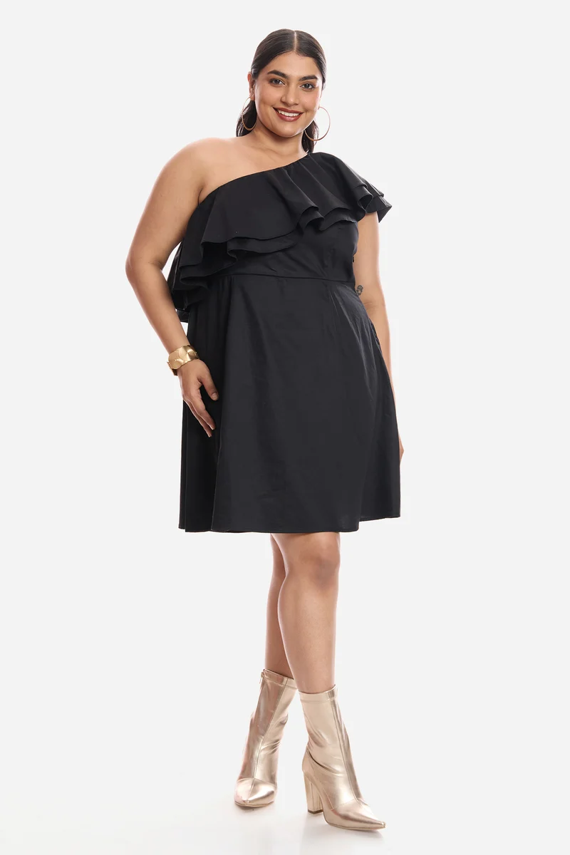 Aneli|Cotton One Shoulder Mini Dress With Ruffles