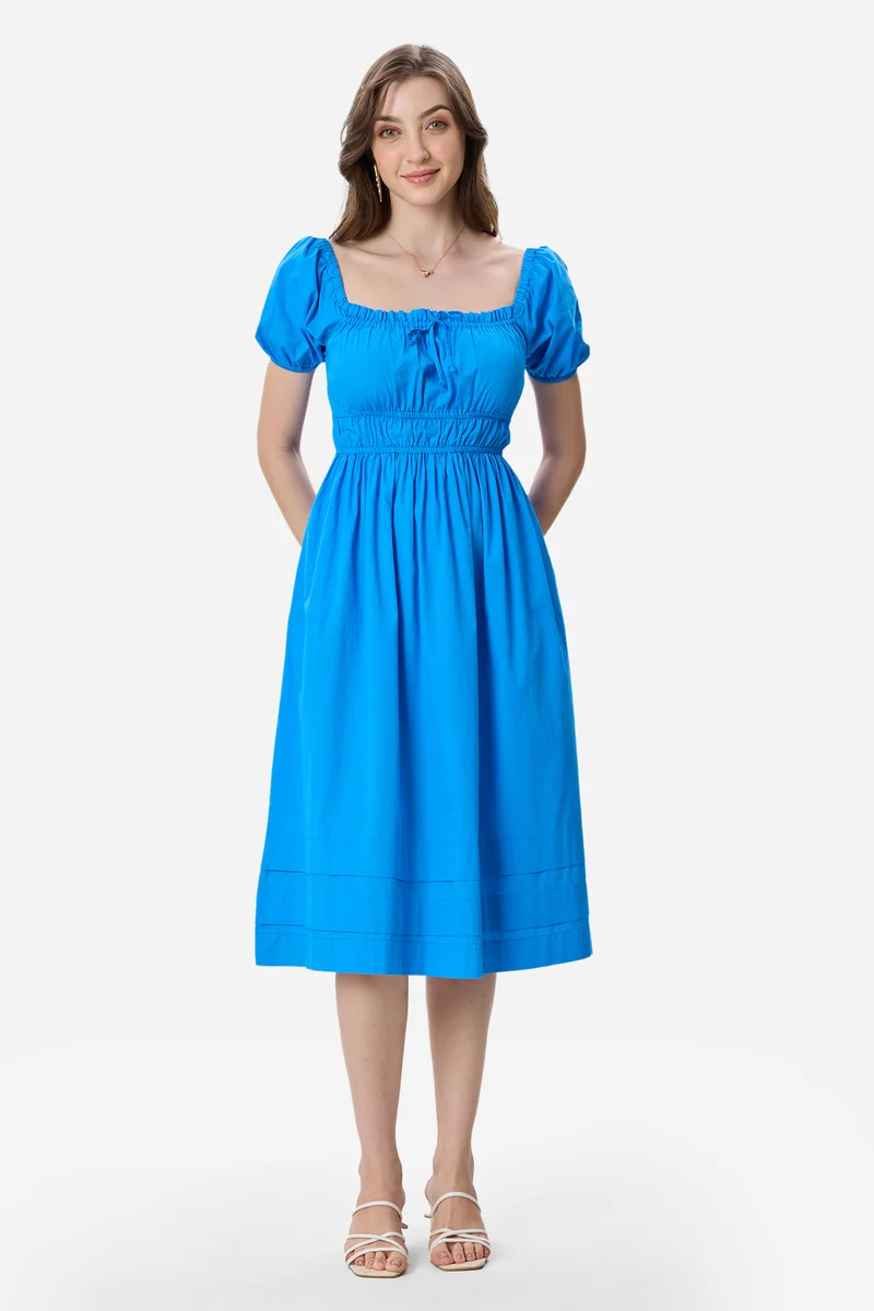 Damla|100% Cotton Puff Sleeves Midi Dress