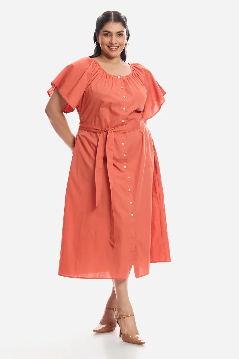 Areen|Cotton Midi Dress With Extended Sleeves