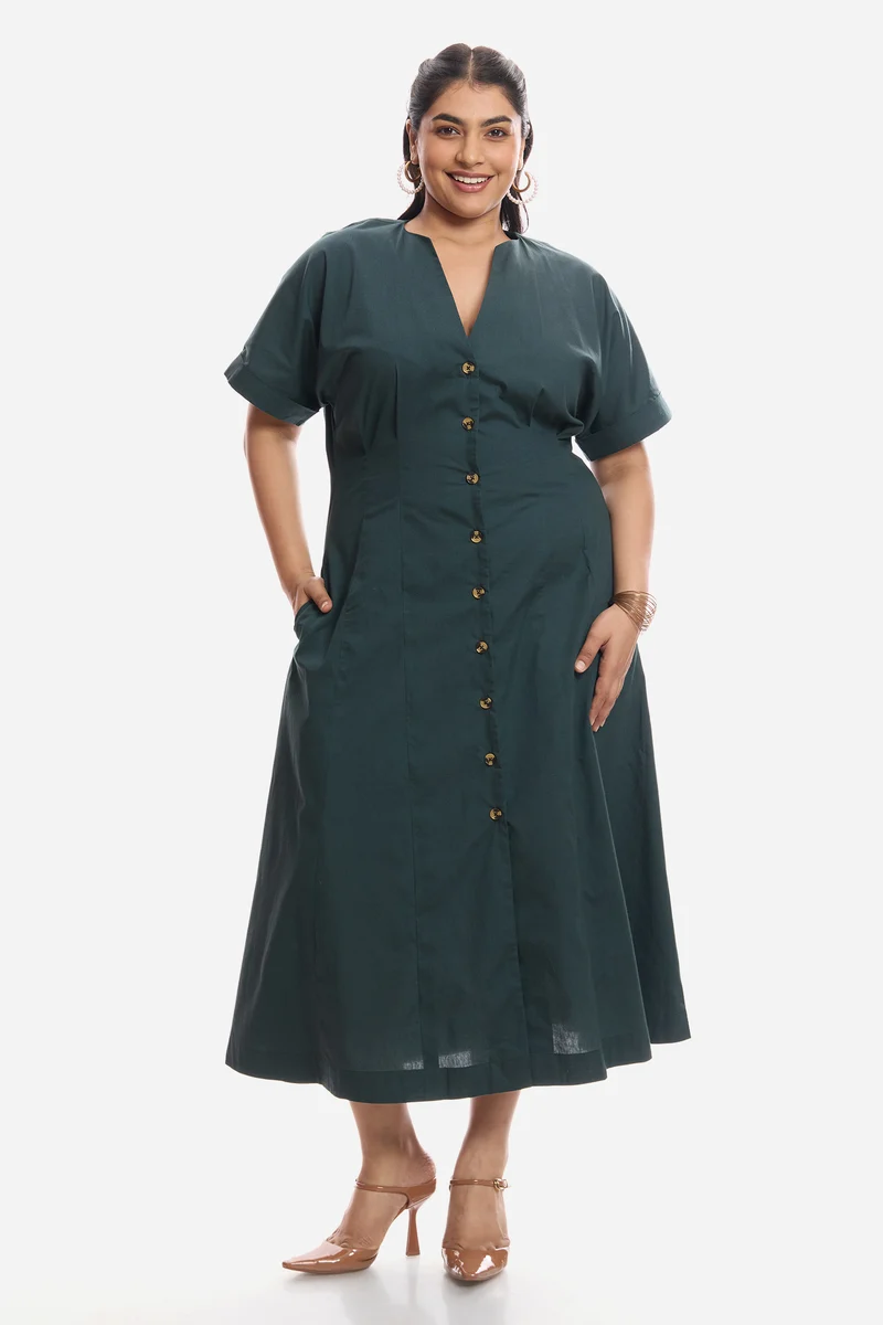 Dawa|Cotton Pleated Midi Shirt Dress