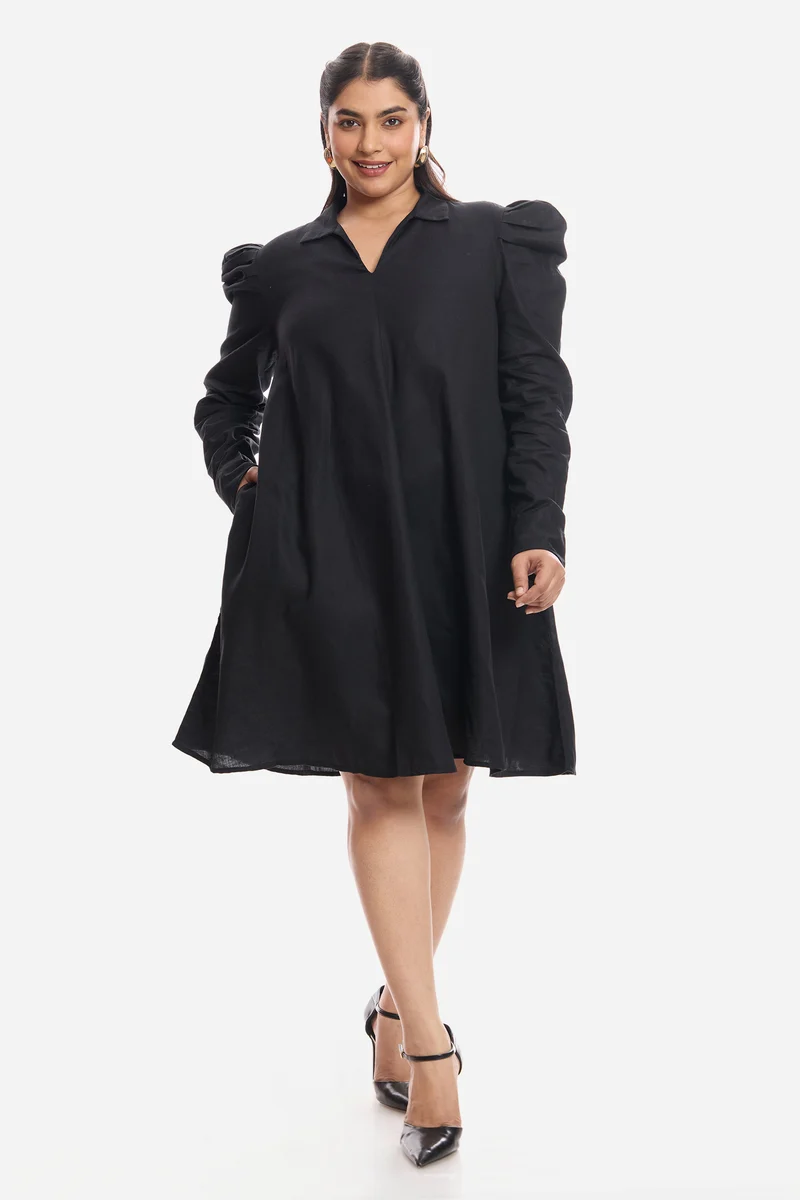Anavi|Viscose Aline Dress With Mutton Sleeves