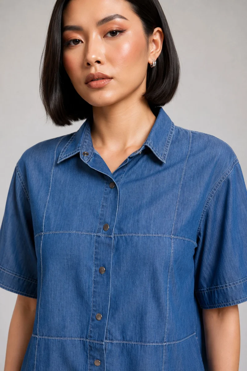 Abha|100% Cotton Pintuck Detail Denim Shirt