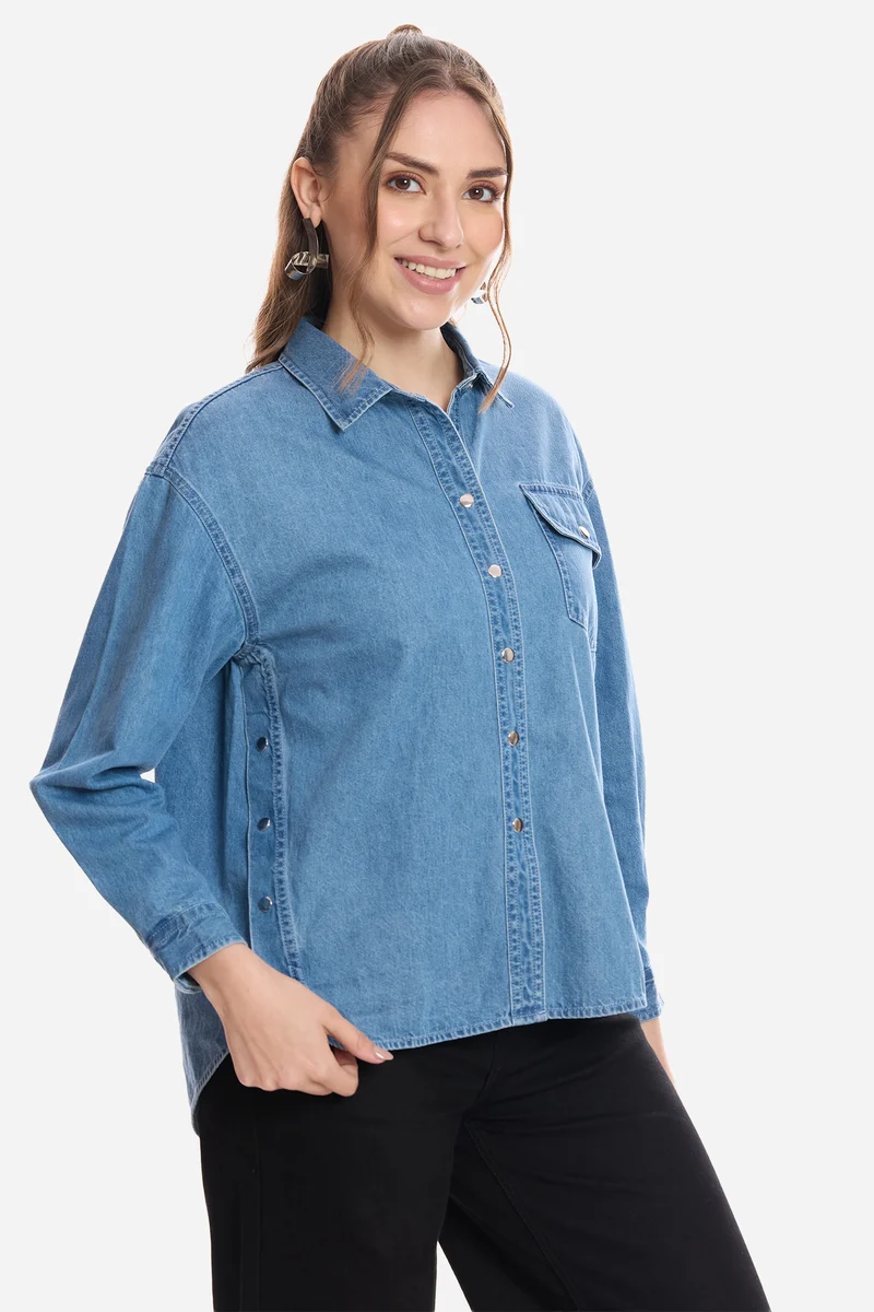 Ferhat|100% Cotton Snap Detail Shirt