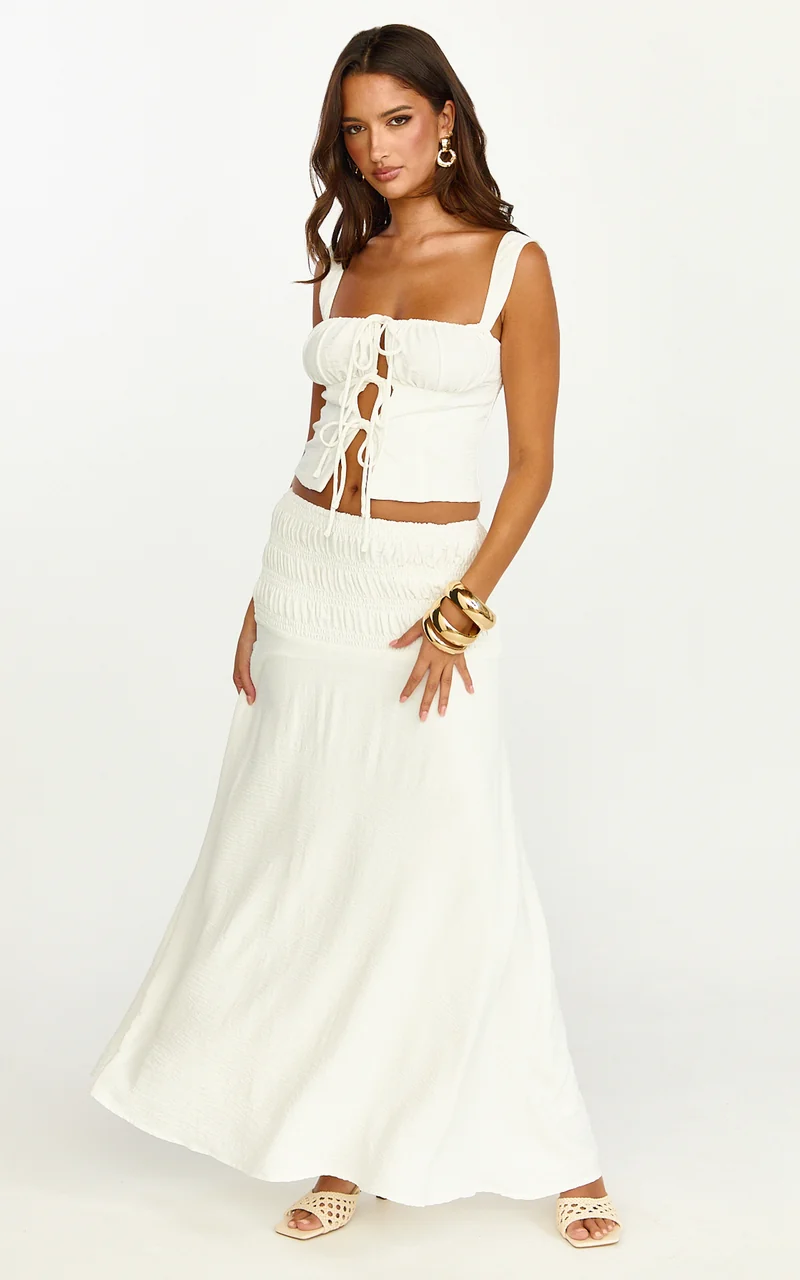 Bianca Midi Skirt - Shirred Yoke Circle Hem Skirt in White