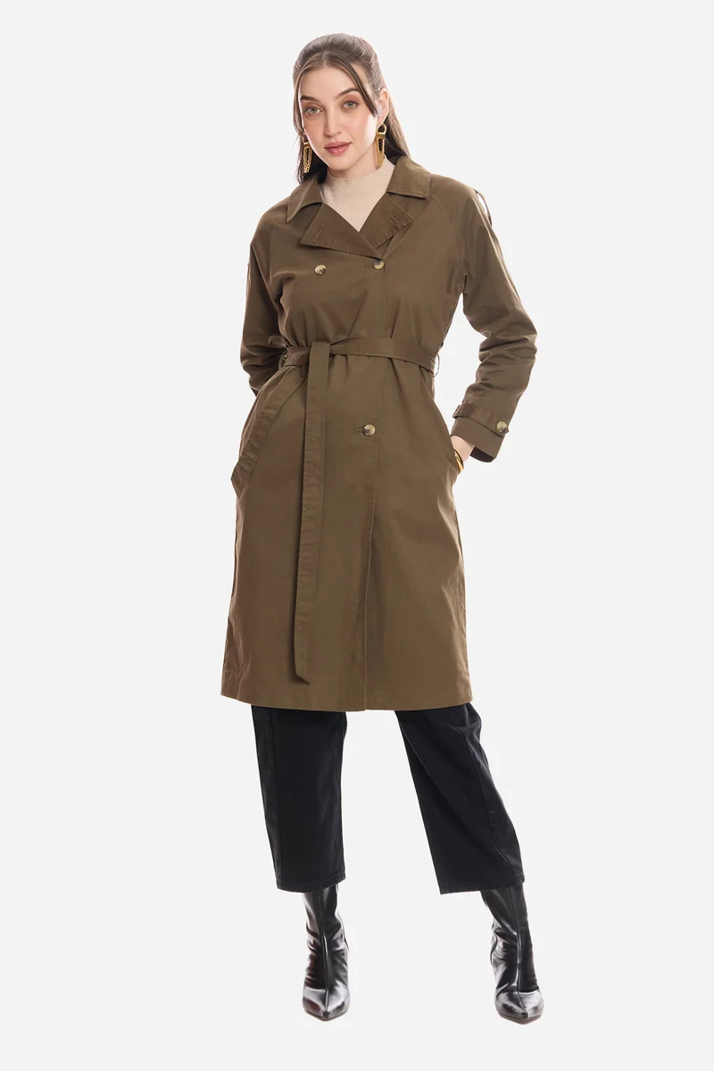 Bethi|100% Cotton Belted Long Trench Coat