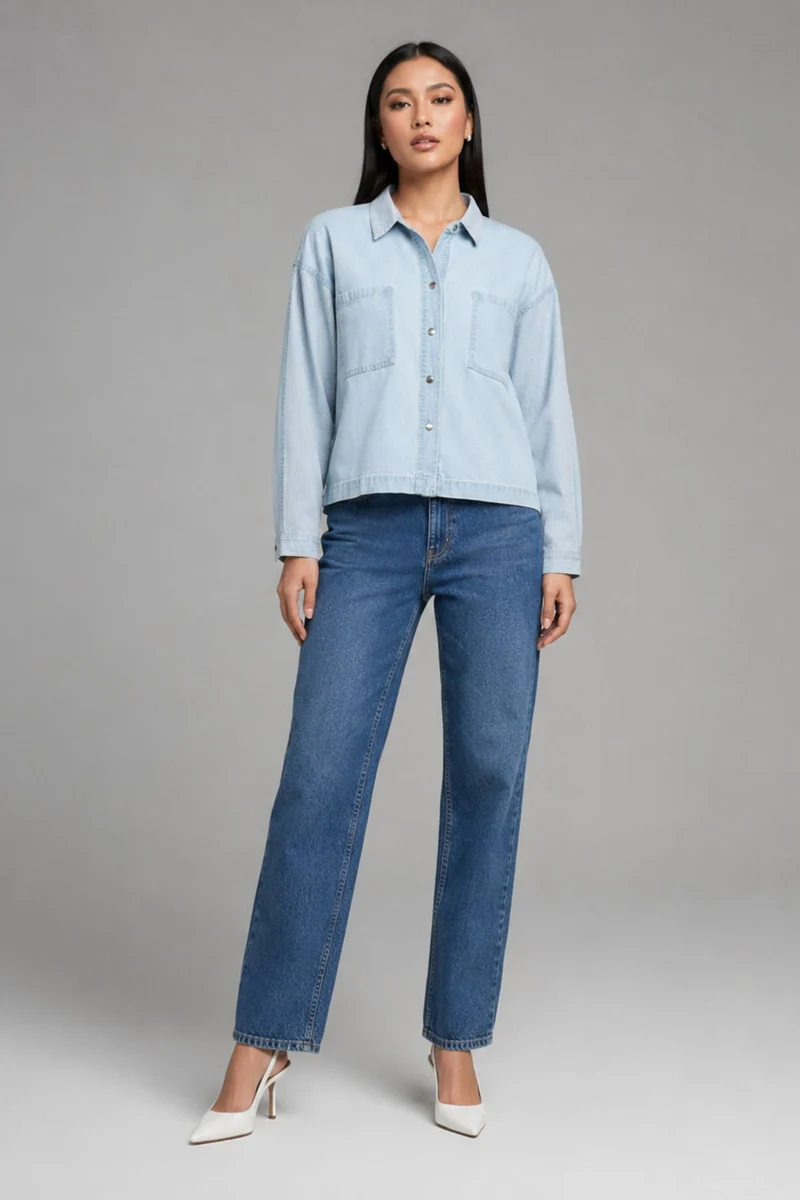 Lorina|100% Cotton Denim Mix Dolman Shirt