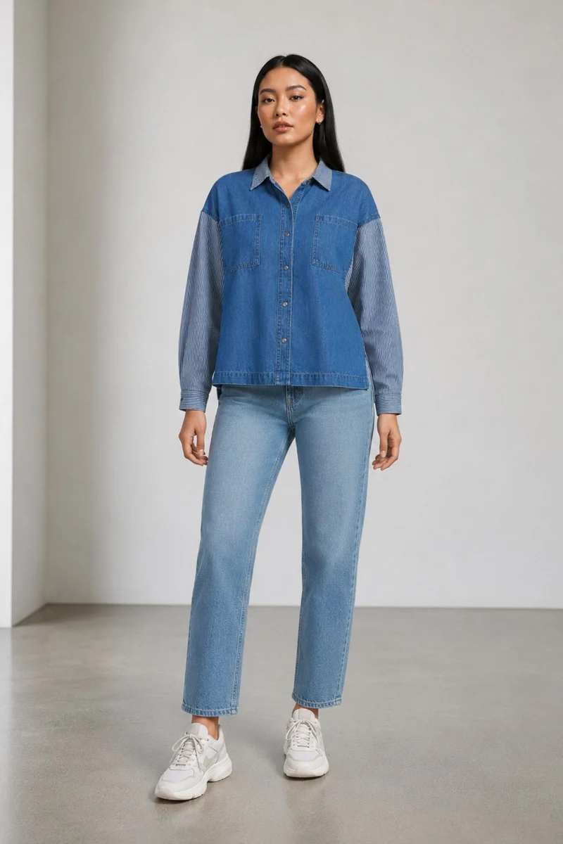 Bonny|100% Cotton Denim Mix Dolman Shirt
