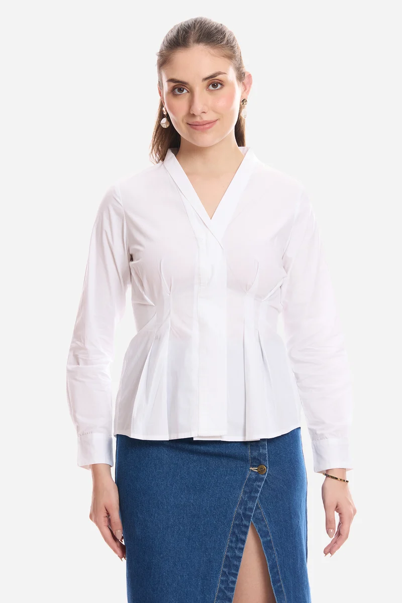 Alim|100% Cotton Pleated Fit & Flare Shirt