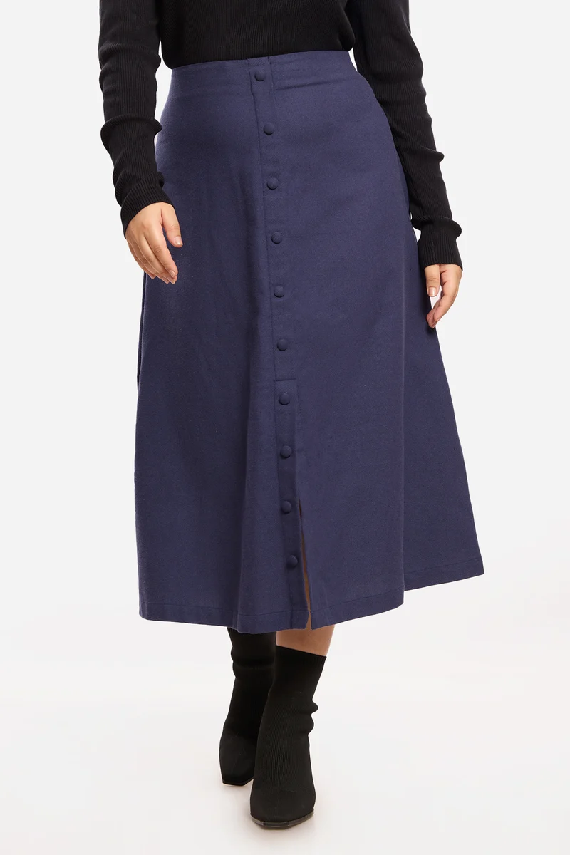Aelina|Viscose Midi Skirt With Faux Placket