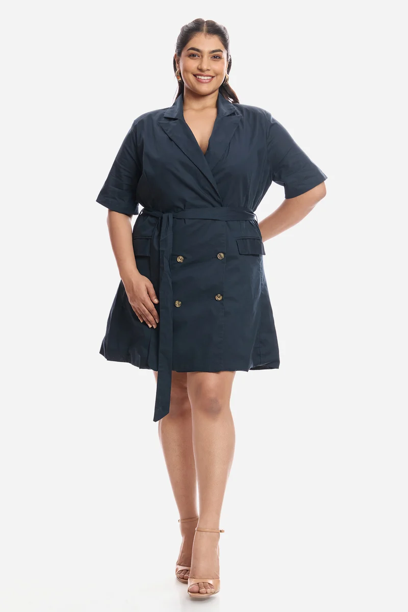 Amora|Cotton Notch Lapel Collar Tie Up Mini Dress