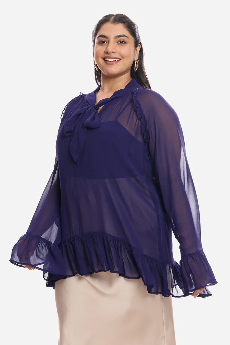 Aliaa|Viscose Sheer Ruffled Top And Inner Cami