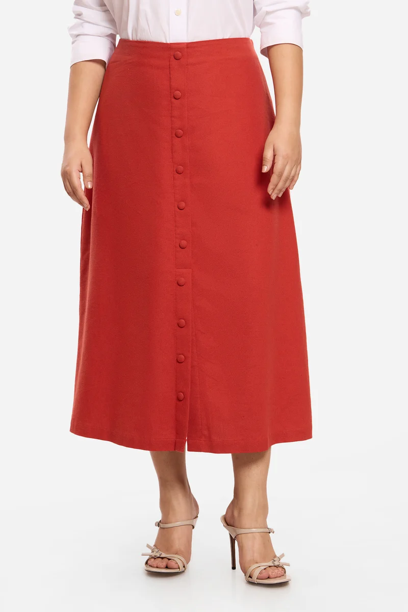 Adirae|Viscose Midi Skirt With Faux Placket
