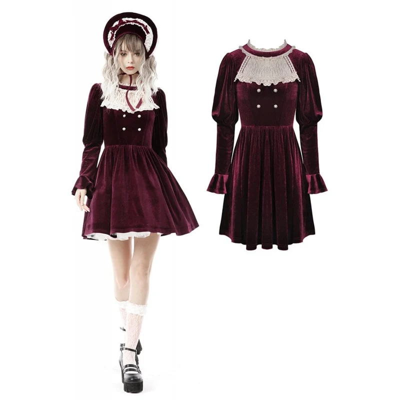 Damklänning i vintage-stil med velourmotiv, cosplay-klänning, examensklänning