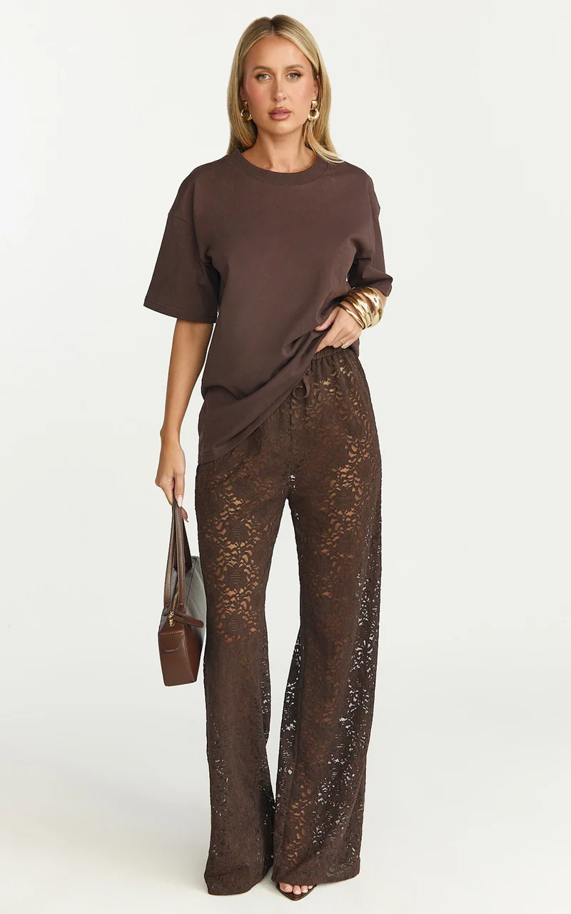 Roxy Pants - High Waist Lace Relaxed Drawstring Pants in Chocolate