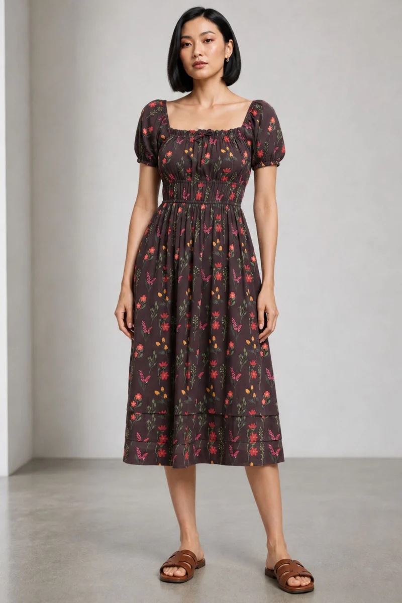 Janey|Lyocell Floral Elasticated Midi Dress