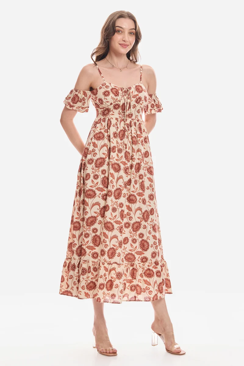 Gamze|100% Viscose Cold Shoulder Maxi Dress