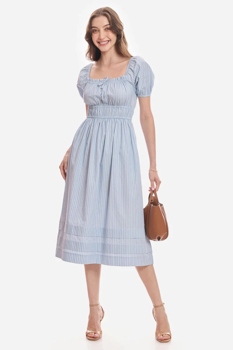 Aoie|100% Cotton Puff Sleeves Midi Dress