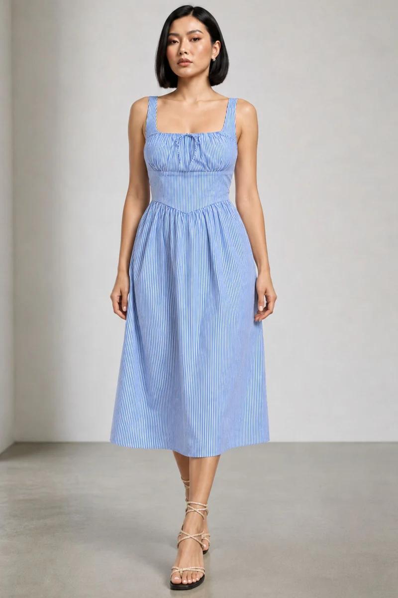 Ceyda|Cotton Striped Tie-Up Midi Dress