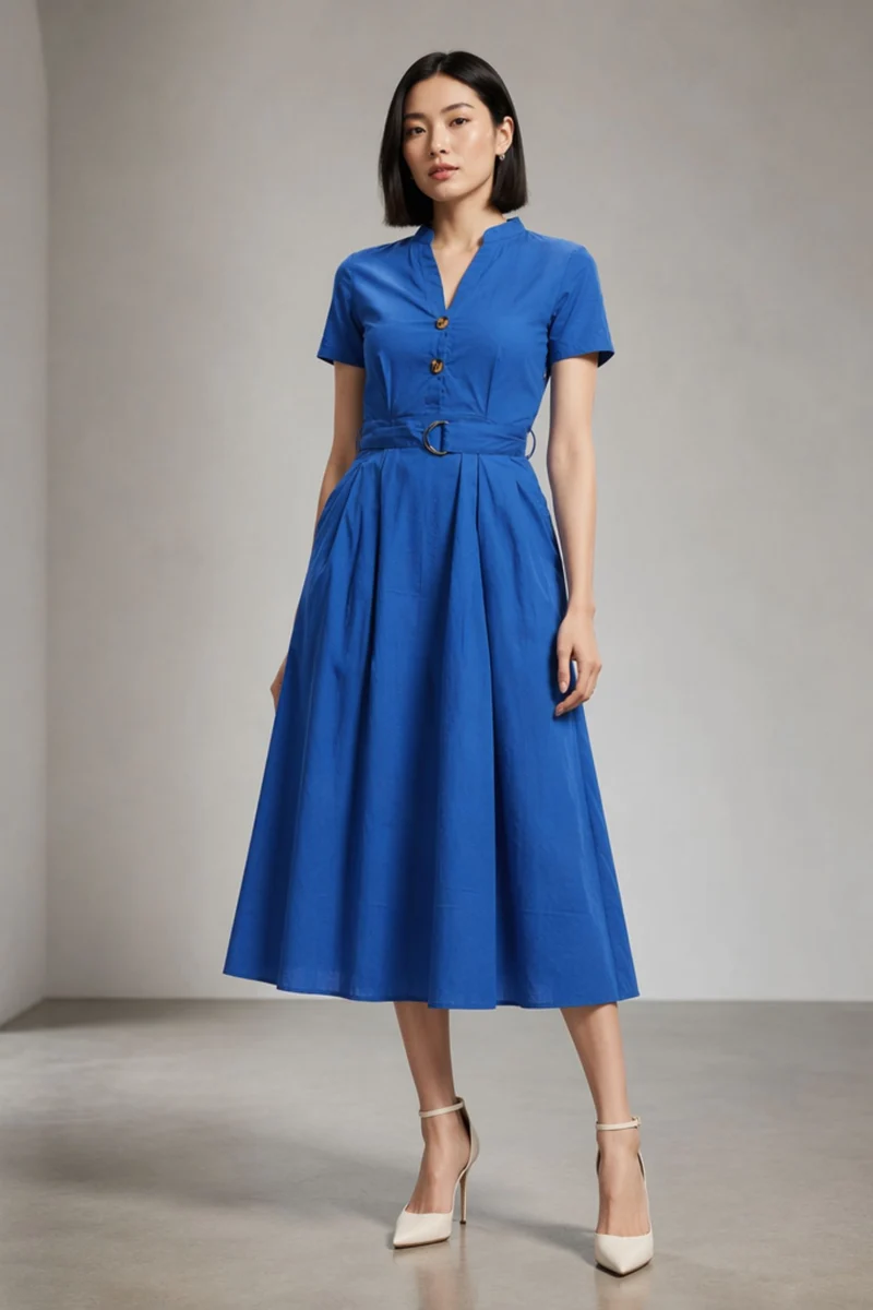 Elspy|100% Cotton Midi Dress With Belt