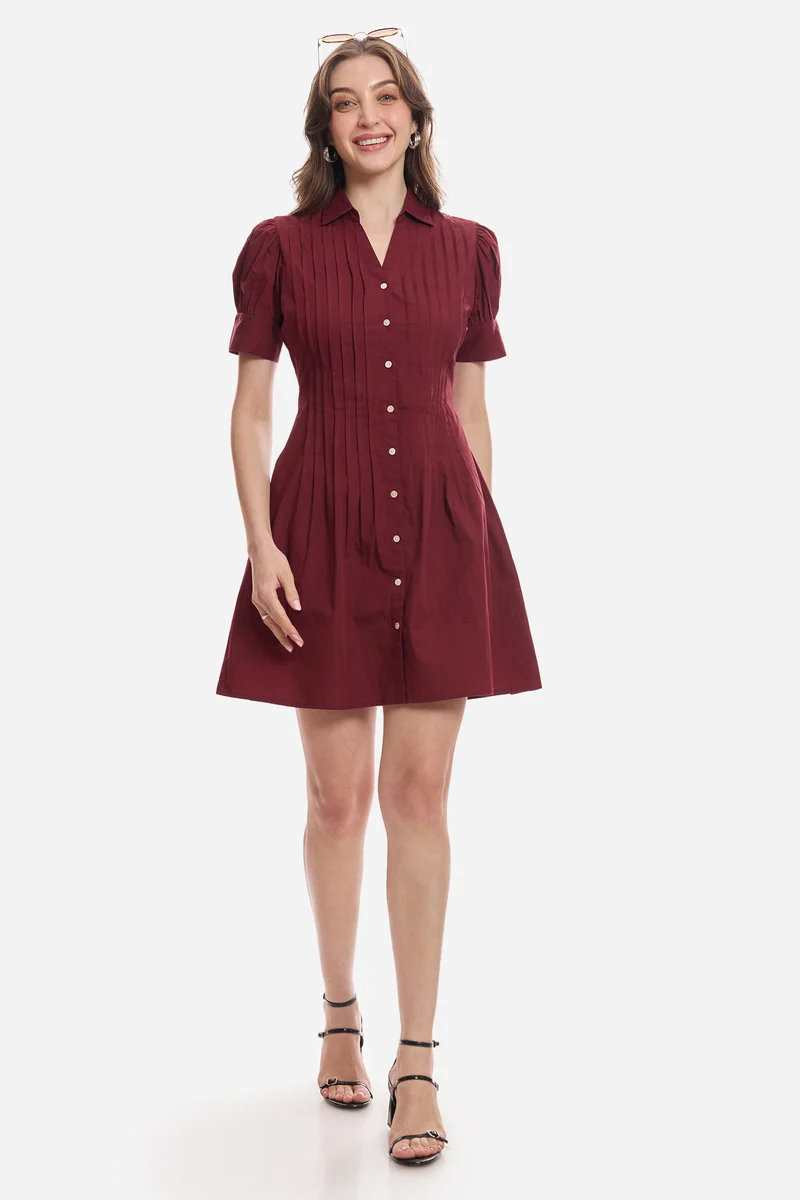 Bevin|100% Cotton Puff Sleeve Mini Pleated Dress