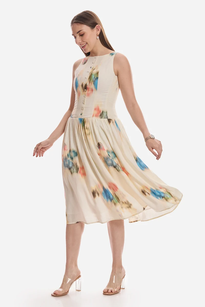 Mervei|Linen Smocked Midi Dress With Boat Neck
