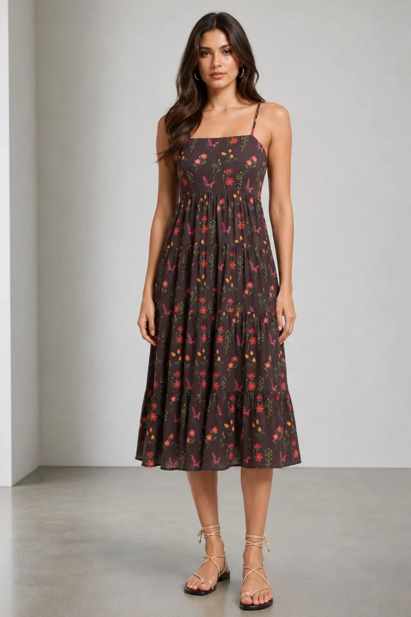 Burcu|Viscose Printed Strappy Tiered Dress