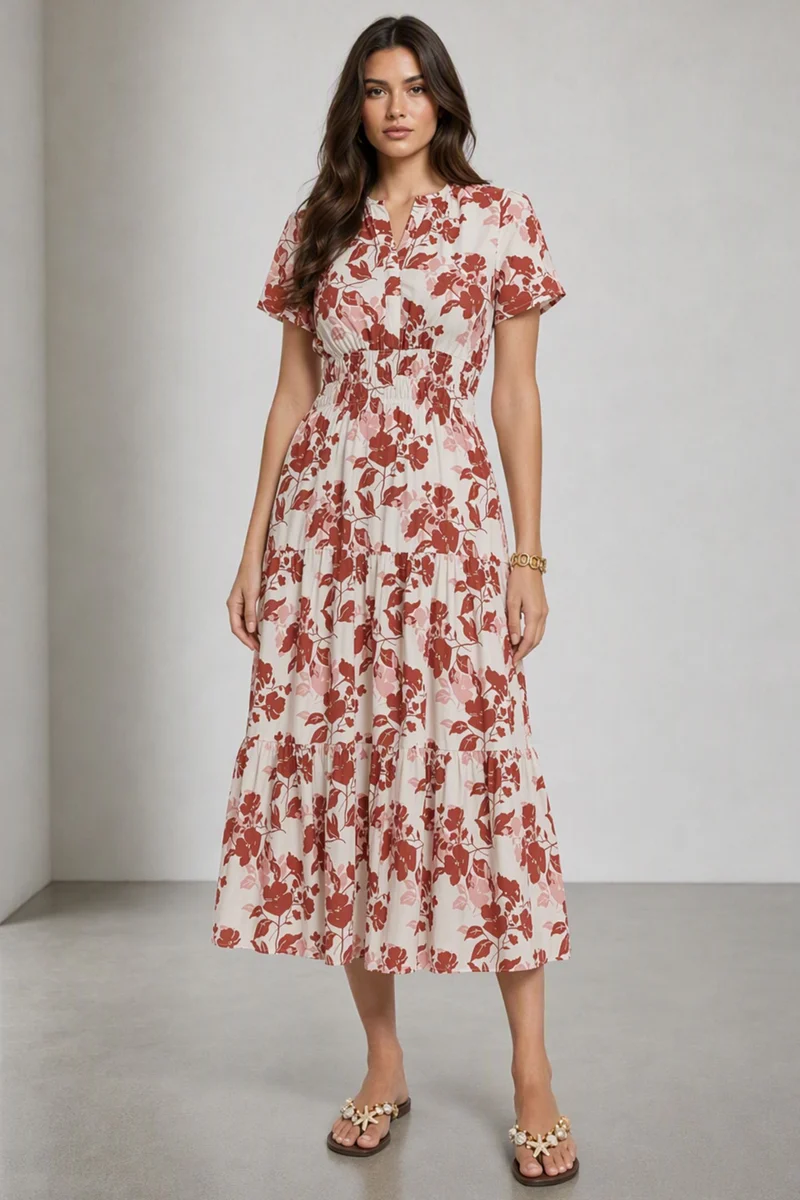 Didem|Cotton Tiered V-Neck Maxi Dress