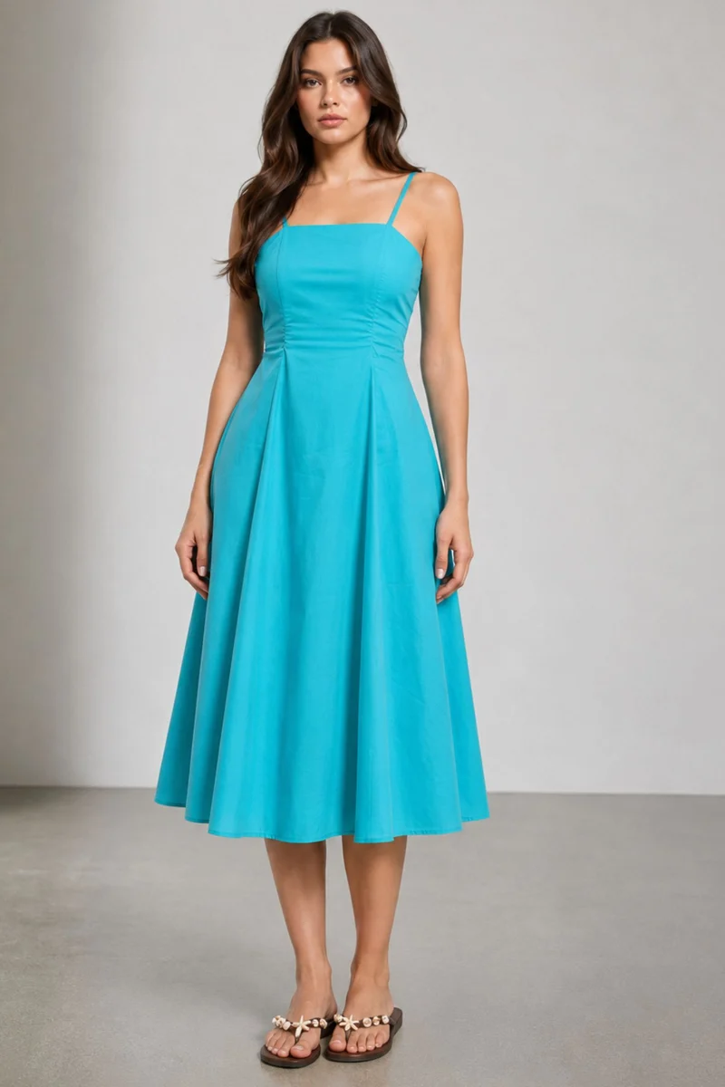 Ozge|100% Cotton Strappy Flared Midi Dress